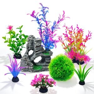 8Pcs Aquarium Decor Set, Artificial Plastic Plants And Rock Cave For Fish Tank Decorations, Goldfish Betta Fish Tank Accessories Supplies Realistic Small Large Fish Bowl Ornaments
